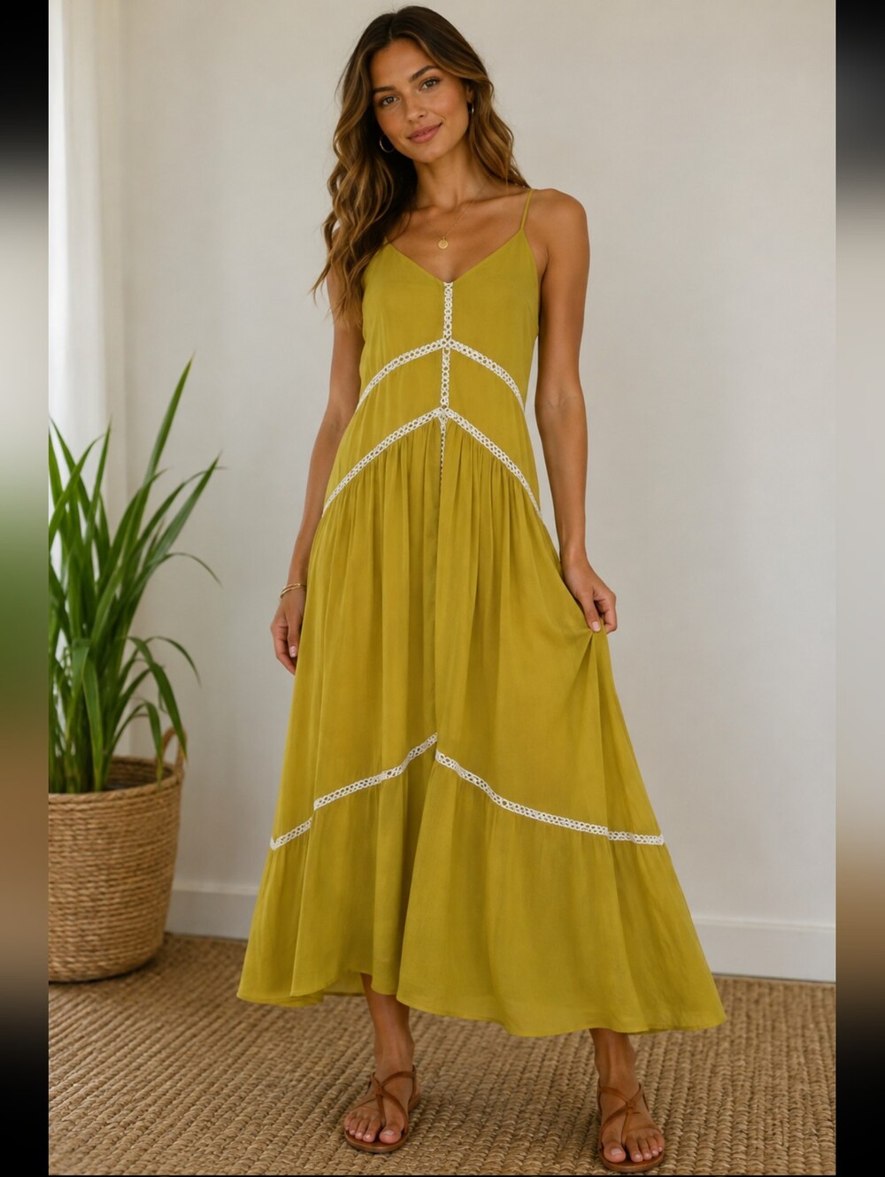 Ixiah Mustard Maxi Dress with Lace Accents